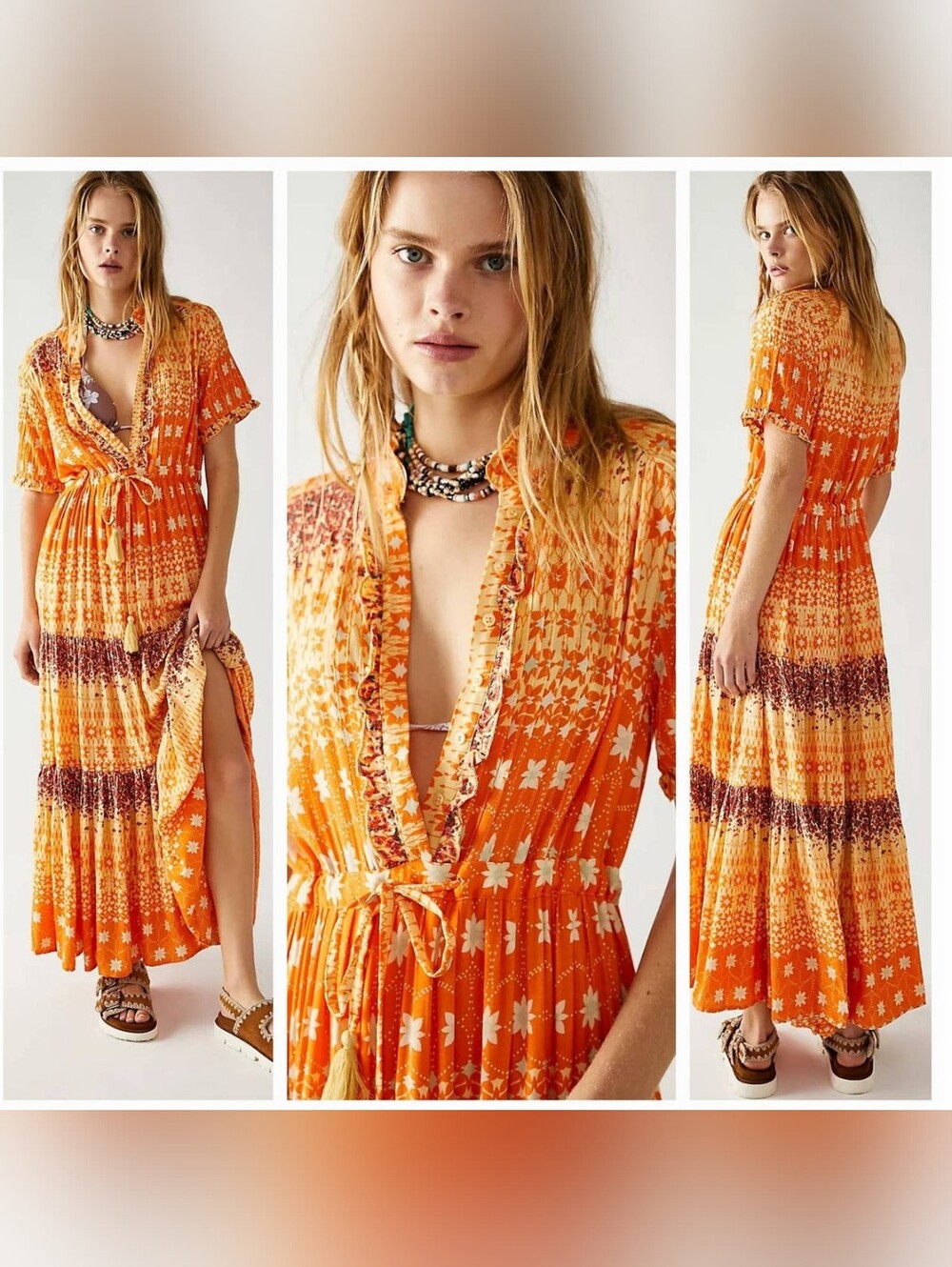 Free People Rare Feelings Tiered Maxi Dress, Size SMALL, Orange Boho Floral Maxi